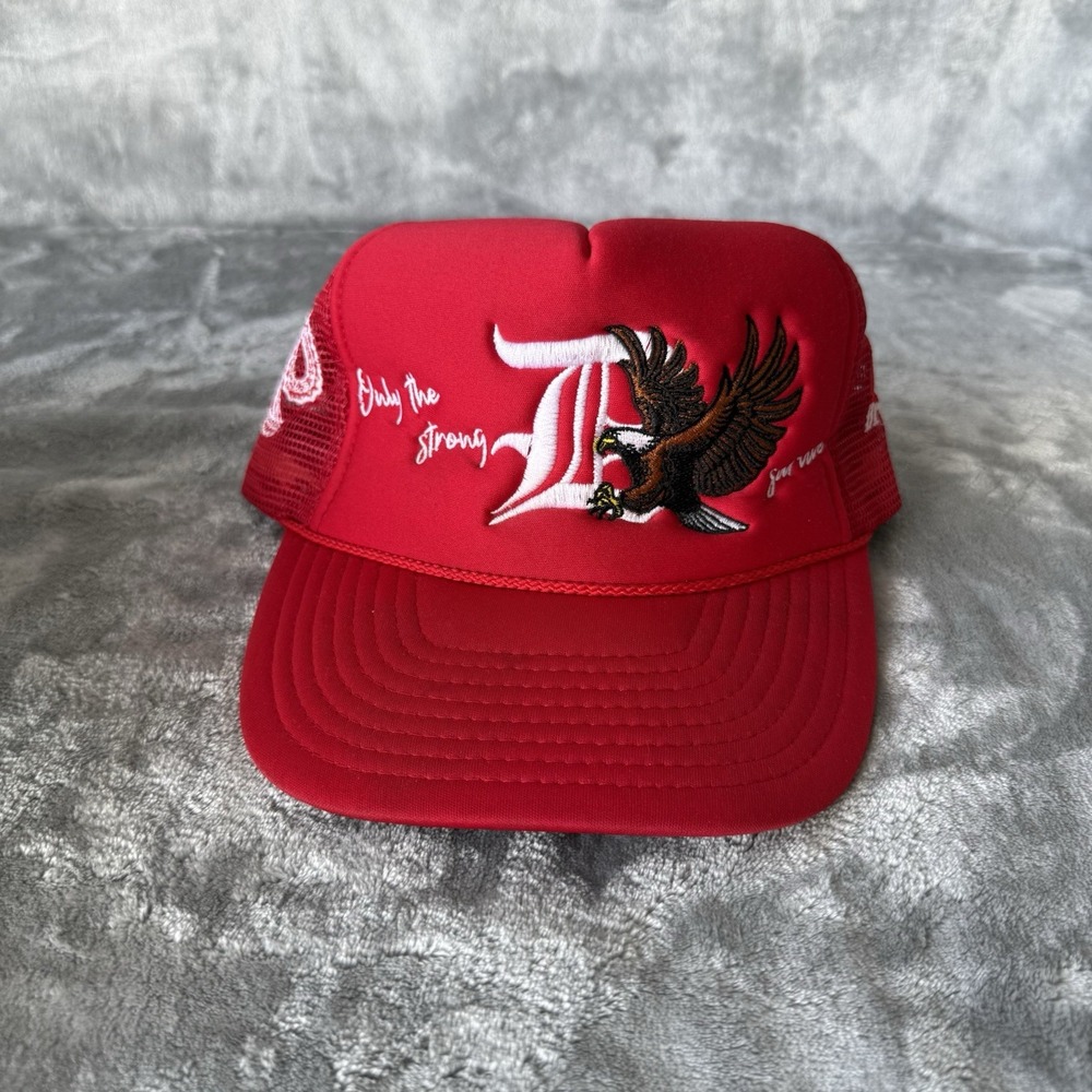 Dropout Hat Cap Snapback Trucker Red Script Eagle Logo Only the Strong Survive
